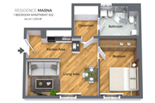 Floorplan of a one bedroom apartment type 4 in Residence Masna