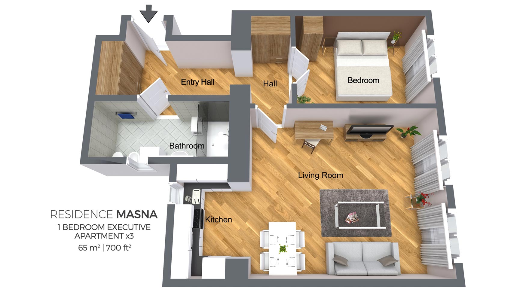 Floorplan of a a one bedroom apartment type 3 in Residence Masna