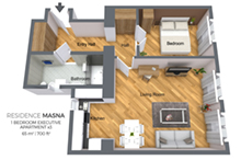 Floorplan of a a one bedroom apartment type 3 in Residence Masna