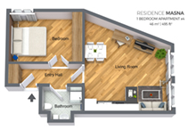 Floorplan of a one bedroom apartment type 4 in Residence Masna